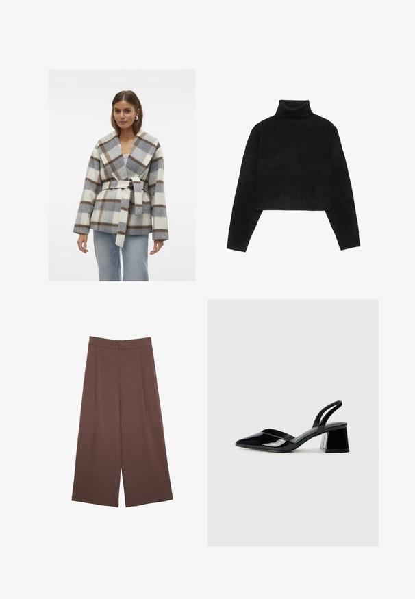 Cappotto avvolgente in misto lana con ampio colletto a scialle, caratterizzato da un motivo a quadri grigi, bianchi e marroni, cintura in vita con fiocco e maniche lunghe.; Maglione nero corto con colletto a coste e polsini, caratterizzato da una texture liscia e una vestibilità rilassata. Design semplice e minimalista.; Pantaloni ampi marroni con una texture liscia, caratterizzati da una vita alta e pieghe frontali. Il tessuto è leggero e scorre liberamente.; Décolleté in vernice nera con punta affusolata e tacco in geometria cubica. Presentano un design elegante e minimalista, con una texture liscia.