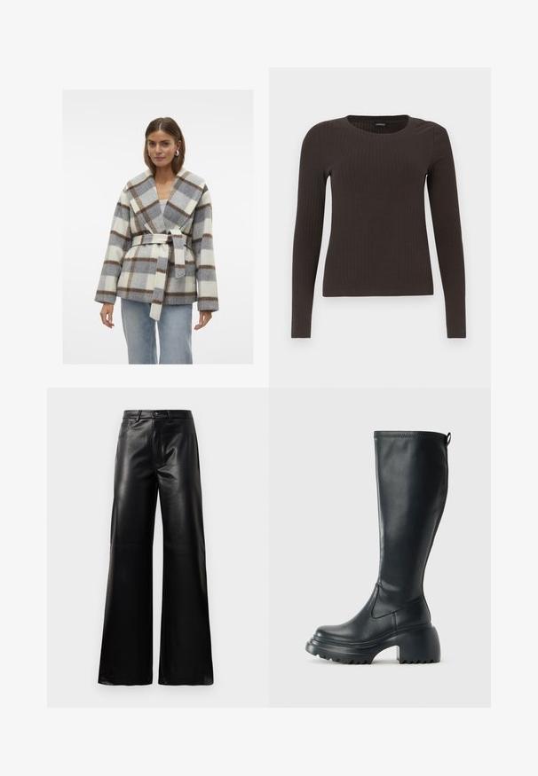 Villane segu vööga ümbritsemisjope suure kraega, millel on halli, valge ja pruuni ruuduline muster, seotud vöö ja pikad varrukad.; Pruun, pikkade varrukatega ribaga särk, millel on ümar kaelus. Valmistatud siledast, venivast materjalist, omades formatiivset siluetti ja minimaalset dekoratiivsust.; Mustad talje laiad jalad kunstnahast püksid esipaneeli nööbi ja lukuga, vöödega ja küljetaskutega valge tausta peal.; Kõrge must nahksaapad, millel on massiivne platvormi tald ja blokk-kand, varustatud tõmbenööriga ja tekstuuriga väljatõmbejääk.