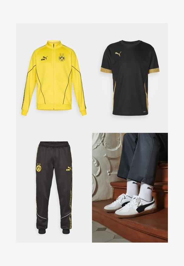 Gul fuld-zip sportsjakke med sort Puma-logo, "KING" tekst og BVB 09 fodboldklub emblem med to stjerner på brystet.; Sort sports T-shirt med gyldne detaljer på ærmerne og siden. Den har rund hals, korte ærmer og svedtransporterende DRYCELL-stof.; Sorte træningsbukser med gule Borussia Dortmund BVB 09 og Puma King logoer, elastisk talje, og mønstrede gule side-striber.; Puma sneakers i hvid og sort ruskind med en brun gummisål. Bæres med hvide sokker med et sort logo og mørke bukser.