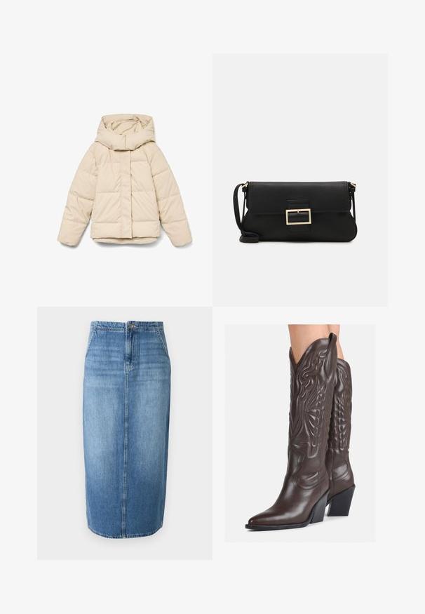 Beež värvi paks jakk kõrge krae ja ees oleva lukuga. Omab tikitud sektsioone ja elastseid mansette. Sile tekstuur, kergekujuline disain.; JDY JDYDINEA L/S REVERSIBLE - Džemper - fern; Heledad denimpencil seelik heledas sinises toonis, sirge lõikega, esise nup closure'iga ja kergelt kulunud efektiga. Varrukaäär ulatub just üle põlve.; Pruunid nahast cowboy saapad terava varbaga ja plokk-kandaga, millel on detailne tikand ja kergelt tõstetud aktsendid varrel.; Must haben musta nahkklahviga kott, millel on klapp ja kuldne metallist pandla detail. Kaasas must rihm ja stiilne, minimalistlik disain.