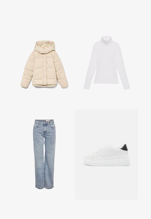 Giacca imbottita beige con collo alto e cerniera frontale. Presenta sezioni trapuntate e polsini elasticizzati. Texture liscia, design leggero.; Maglia a maniche lunghe bianca a collo alto realizzata in tessuto morbido ed elastico. Presenta un colletto alto e un design aderente, senza motivi o decorazioni visibili.; Jeans a gamba larga di colore azzurro chiaro realizzati in denim, con vita alta, design a cinque tasche e leggera scoloritura per un aspetto vissuto.; Sneakers platform bianchi realizzati in materiale sintetico liscio, con punta arrotondata, design con lacci e suola in gomma texture. Accento nero nel tallone.
