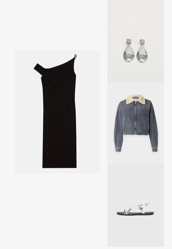 Cropped denim jacket with vertical gray and white stripes, white faux shearling collar, zip closure, and single chest pocket.; Black one-shoulder dress made of draped fabric featuring a gold accent on the shoulder, smooth texture, and knee-length design.; Silver metallic sandals with a minimal design, featuring thin straps and a black flat sole. Highlights include cross strap accents.; Brown leather shoulder bag with a smooth texture, rounded shape, wide strap, and circular metallic accent on the handle.; Silver drop earrings with a square stud, featuring a smooth, polished finish and a teardrop shape, reflecting light with a glossy surface.