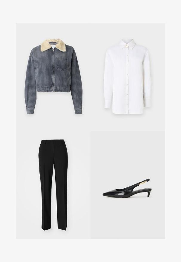 Rövidített farmerdzseki függőleges szürke és fehér csíkokkal, fehér műszőrme gallérral, cipzáras záródással és egyetlen mellzsebbel.; Fehér vászon gombos ing, hegyes gallérral, hosszú ujjakkal és gombos záródással. Lazább fazonú és sima textúrájú.; Fekete, testhezálló nadrág egyenes szárú kivitelben, sima textúrával és éles redőkkel az elején. Nincs látható fémalkatrész.; Fekete bőr slingback magassarkúk, hegyes orral, vékony sarkakkal és arany színű részlettel a állítható pánton. Simа felület.