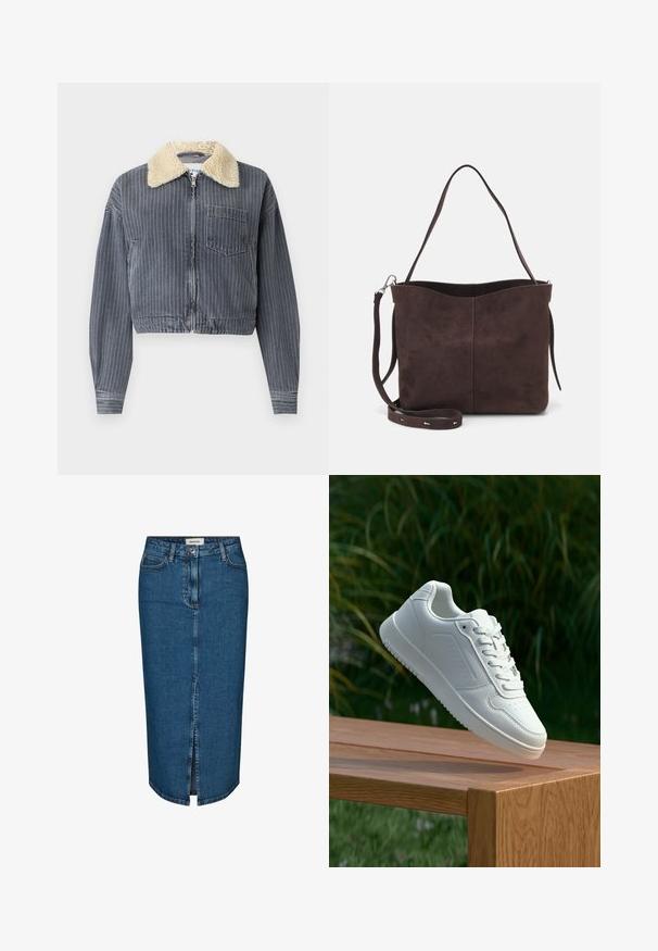 Chaqueta de denim cortada con rayas verticales grises y blancas, cuello de borreguillo blanco, cierre de cremallera y un solo bolsillo en el pecho.; Dos tops de algodón en blanco y negro. Cada uno tiene un escote profundo y tirantes delgados, con una textura suave y lisa.; Falda lápiz de mezclilla en azul oscuro, con una abertura frontal, cinco bolsillos y costuras en contraste. Cintura de altura media con un diseño clásico.; Zapatilla blanca con un upper sintético suave, caja de dedos perforada, cordones planos y una suela texturizada, exhibida sobre una superficie de madera.; Bolso tote de ante marrón con una textura suave, que presenta una sola correa para el hombro y una sutil apertura curva en la parte superior. Sin detalles de herrajes visibles.