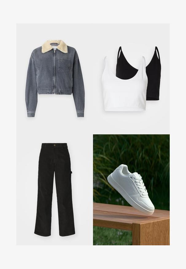 Skrajšana denim jakna z vertikalnimi sivo-belimi črtami, beli umetni ovčji ovratnik, zadrga in ena žep na prsih.; Dva bombažna crop topa v beli in črni barvi. Vsak ima globok izrez in tanke naramnice, ter se ponaša z gladko, mehko teksturo.; Črne kordurojske hlače s ravnim krojem, ki imajo gumbasto zapiranje in stranske žepe. Gladka tekstura z finimi vertikalnimi črtami.; Bela teniska s gladkim sintetičnim zgornjim delom, perforiranim prednjim delom, ravnimi vezalkami in teksturiranim podplatom, prikazana na leseni površini.