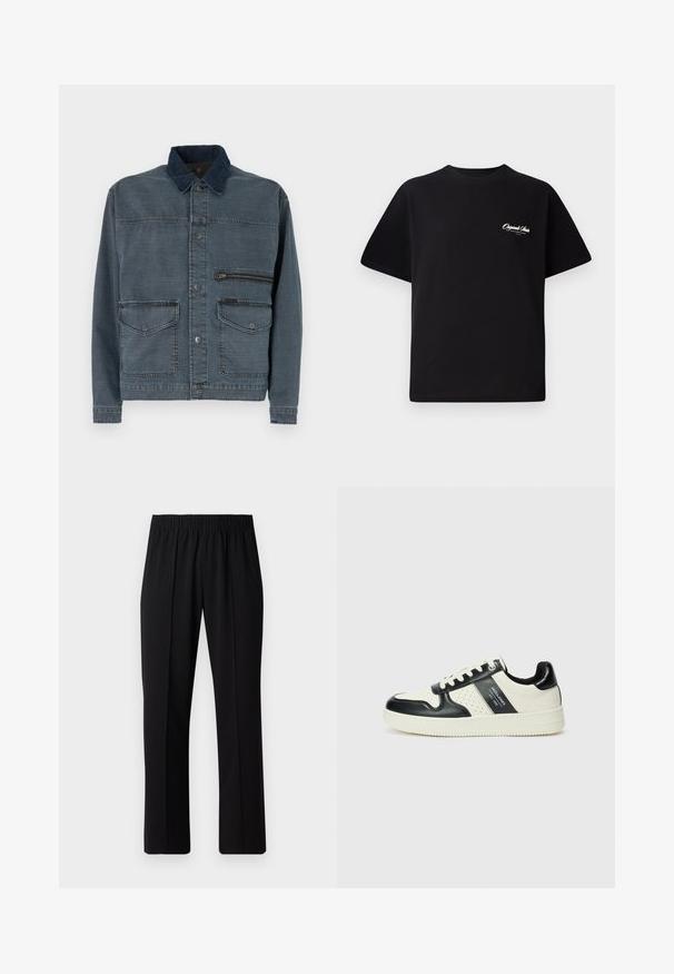 Giubbotto in denim blu scuro con colletto a contrasto. Presenta grandi tasche frontali e una tasca sul petto con zip. Chiusura classica a bottoni.; T-shirt in cotone nero con scollatura rotonda, maniche corte e piccolo testo del logo bianco sul lato sinistro del petto. Design semplice, vestibilità classica.; Pantaloni neri con vita elasticizzata e design a gamba dritta, caratterizzati da una texture liscia e senza motivi o hardware visibili.; Sneakers in pelle con una combinazione di colori nero e crema, dotati di dettagli perforati, collare imbottito e suola testurizzata.