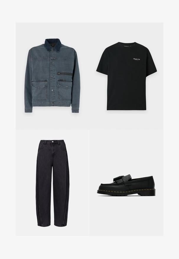 Jeansjacka i mörkblått med kontrasterande krage. Har stora framfickor och en ficka på bröstet med dragkedja. Klassisk knappstängning.; Svart bomullströja med korta ärmar, rundad hals och liten vit textlogotyp på övre vänstra bröstet. Slät textur, avslappnad passform.; Svarta vida jeans i denim med en slät textur. Har hög midja, framfickor och knappstängning i midjan.; Svarta läderloafers med tofsar, gul söm längs sulan och en tjock, räfflad gummisula.