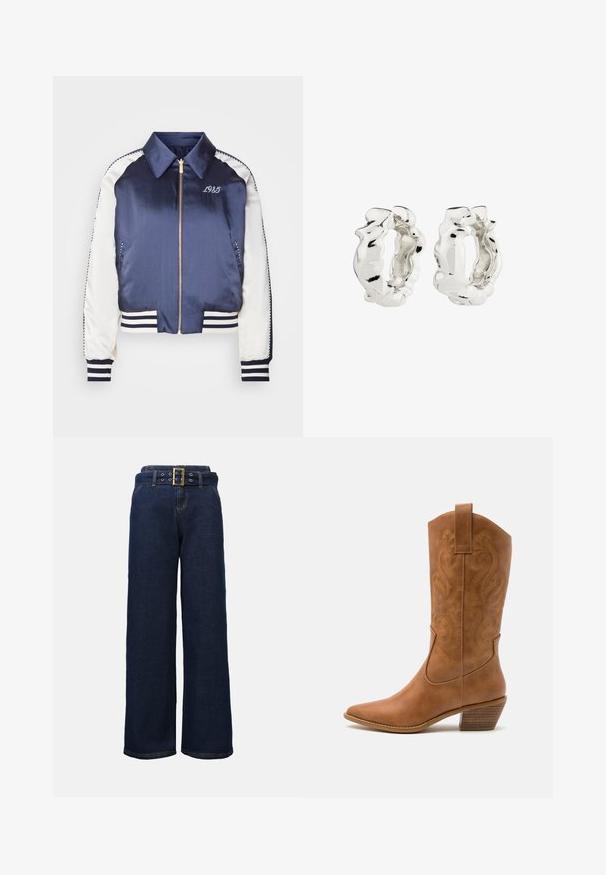 Mornarsko satenasto bomber jakno z belimi rokavi, rebrastimi manšetami in spodnjim robom, zlatim zadrgo in vezenim "1985" na prsih.; Srajca na gumb z navpičnimi črtami v odtenkih modre, črne in bele barve. Narejena iz gladkega blaga s klasičnim ovratnikom in gumbom za zapiranje.; Temno modri široki jeans hlače z našitimi žepi in usklajenim pasom, ki ima velik pravokoten zlat zaponko.; Rjavi usnjeni kauboj čevlji s koničastim nosom, vezenimi vijugastimi vzorci na zgornjem delu in zloženim kvadratnim peto. Imajo zanko za enostavno obuvanje.; Srebrne obročeve uhane z teksturiranim, nepravilnim dizajnom. Površina je odsevna in prikazuje krivulje in konture. Notranji prostor je prazen.
