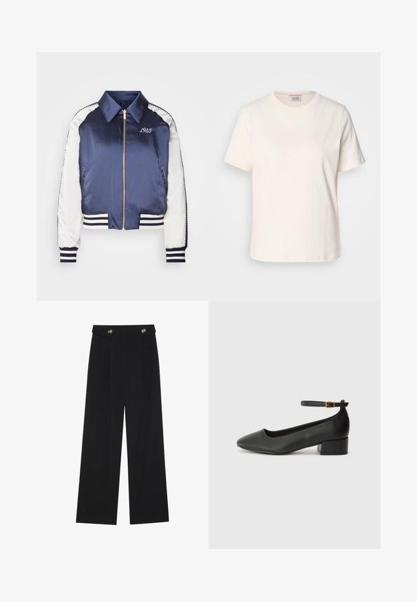 Námornícka saténová bomber bunda s bielymi rukávmi, rebrovanými manžetami a lemom, zlatým zipsom a vyšitým "1985" na hrudi.; Krémové bavlnené tričko s krátkymi rukávmi, okrúhlym výstrihom a jemným embosovaným logom na prednej strane. Hladká textura, voľný strih.; Čierne široké nohavice s vysokým pásom, so zapínaním na gombíky na páse a prednými sklady.; Čierne kožené lodičky s špicatou špičkou a nízkym blokovým podpätkom. Obsahuje remienok okolo členka so zlatým prackou. Hladký povrch.