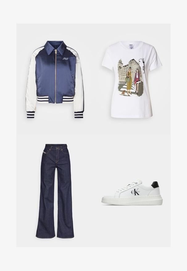 Jachetă bomber din satin bleumarin cu mâneci albe, manșete și tiv côtelat, fermoar auriu și broderie "1985" pe piept.; T-shirt alb din bumbac, cu o ilustrație imprimată ce înfățișează două femei în stiluri de modă urbană, alături de un câine pe o trecere de pietoni și clădiri ale orașului.; Blugi taille mare, de culoare albastru închis, din material denim, cu croială largă, cu cusături portocalii, design cu cinci buzunare și închidere cu nasture.; Adidași albi cu glezna joasă, cu tab-ul de călcâi negru, talpă platformă, șireturi și logo-ul "CK" de la Calvin Klein pe lateral.