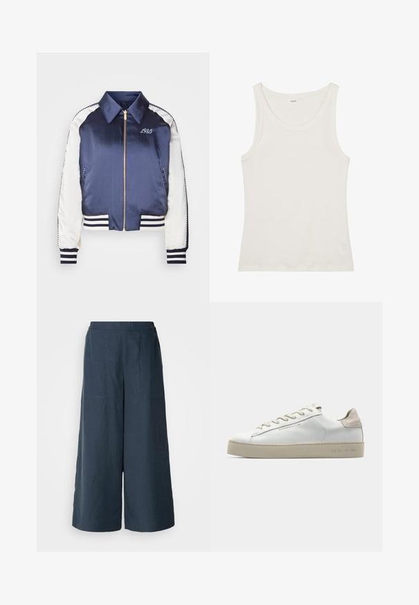 Tumesinine satiinist bomber-jakk, valgete varrukatega, ribakudumisega mansetid ja alläär, kuldne tõmblukk ning broderitud "1985" rinna peal.; Valge puuvillane top, millel on lai kaelus ja õhukesed õlavarre rihmad. Sile tekstuur ilma nähtavate mustrite või kaunistusteta.; Kitsad laiad püksid tumesinisest kergest kangast. Omavad veidi tekstuurset pinda, elastset vööd ja esimesi õmblusi.; Valge nahast toss, millel on sile pind, beežist seemisnahast aktsendid, ümar nina, lame puuvillane pael ja tekstuuriga kummitald.