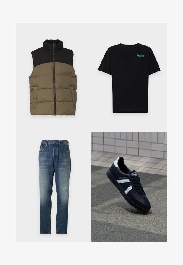 Jack & Jones JJMOON MIX PACK SET - Chaleco - black pack/canteen; Camiseta negra de algodón con mangas cortas. Presenta un logo verde "ROOTS" en el frente, escote redondo y corte estándar.; Jeans de mezclilla en un color azul deslavado, con un diseño de pierna recta, un desgaste moderado en la parte delantera y un estilo clásico de cinco bolsillos.; Zapatilla de cuero negra con rayas blancas, suela de goma texturizada y parte frontal con cordones. Cuenta con una etiqueta de marca en la lengüeta.