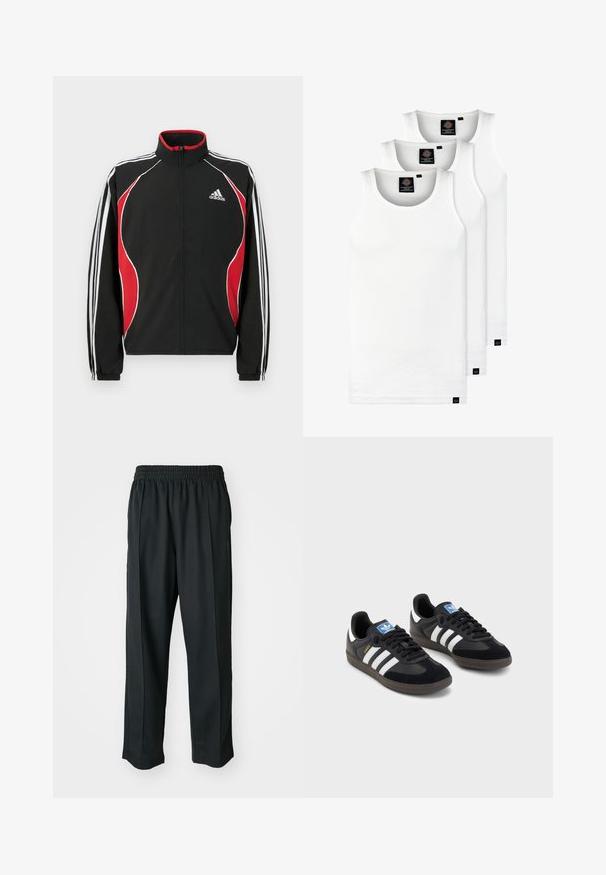 Black track jacket with red and white accents, zippered front, high collar, and elasticized cuffs; features three white stripes down sleeves.; Three white ribbed tank tops made of cotton. Features a crew neck and small black labels near the hem. Available in multiple sizes.; Black athletic pants with an elastic waistband, made of smooth fabric, featuring subtle side stitching and a relaxed fit, straight leg design.; Black sneakers with a suede and synthetic upper, featuring three white stripes, textured rubber sole, and blue logo tag on the tongue.