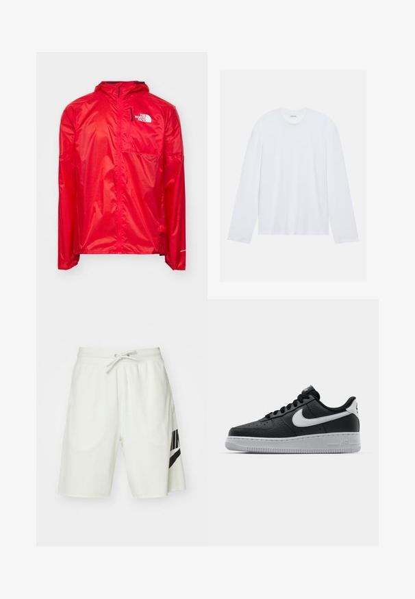 The North Face WINDSTREAM SHELL - Windjack - high risk red; Witte lange mouwen t-shirt gemaakt van katoen. Heeft een klassieke ronde halslijn en verlaagde schoudernaden, met een gladde, effen textuur.; Lichtgrijze katoenen shorts met een elastische tailleband, een verstelbaar trekkoord en een zwart Nike-logo aan de linkerkant.; Zwarte lederen sneaker met een textuur oppervlak, witte Nike swoosh, grijze zool, ronde neus en vetersluiting. Bevat perforaties op de neus.
