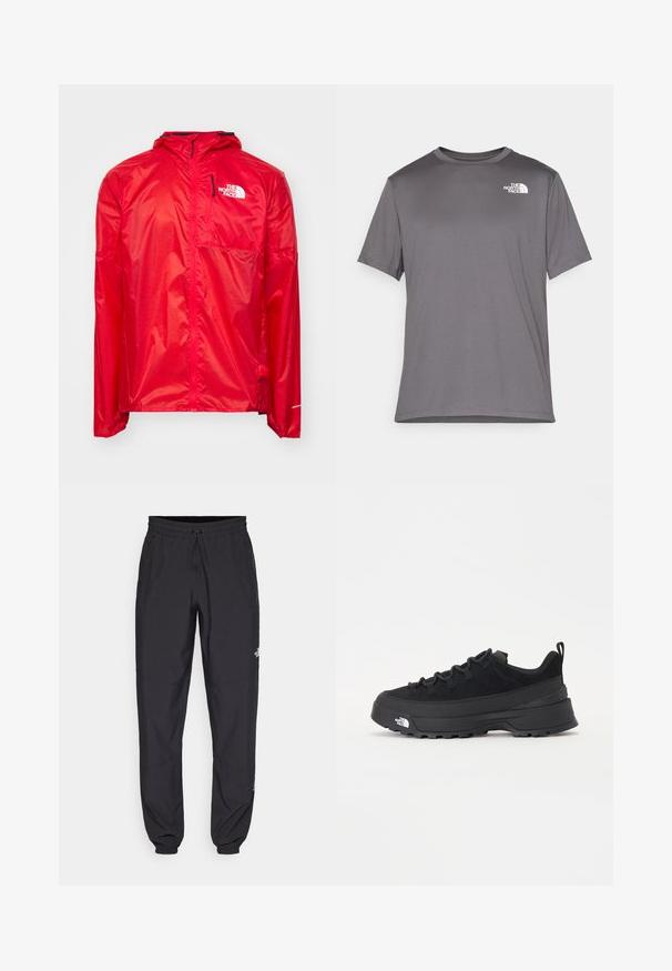 The North Face WINDSTREAM SHELL - Vetrovka - high risk red; Sivý športový tričko s krátkym rukávom vyrobené z hladkej, ľahkej tkaniny. Na ľavej časti hrude má biele logo. Dizajn s okrúhlym výstrihom.; Čierne športové nohavice vyrobené z ľahkej tkaniny, s elastickým pásom na šnurovanie, bočnými vreckami a zúženými manžetami na členkoch.; Čierne vonkajšie tenisky so zvrškom z semišu, štruktúrovanou gumovou podrážkou a pevným šnurovaním. Obsahujú vystužený opätok a logo značky na boku.