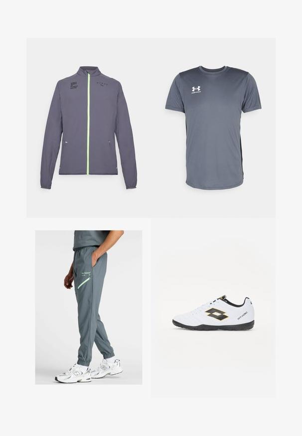 Gray athletic jacket featuring a high collar, neon green zipper, and printed logos. Includes side pockets and elasticized cuffs.; Gray athletic t-shirt with short sleeves. Features a round neckline and a white Under Armour logo on the front left chest. Smooth texture.; Grey jogger pants with elastic cuffs, featuring a side pocket with mint green zipper and a logo. Smooth texture and relaxed fit.; White sports shoes with black and yellow accents, featuring a textured upper, round toe, and a black rubber sole. The design includes a logo detail on the side.