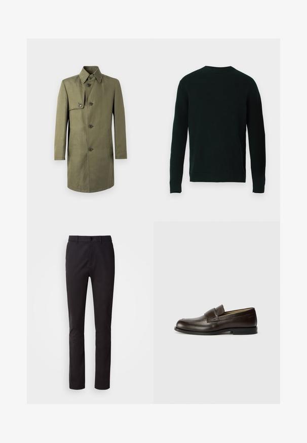 Olive green coat with a collar, double-breasted buttons, and side pockets. Features a single chest pocket and a straight silhouette.; Dark green long-sleeve knitted sweater with ribbed crew neck, cuffs, and hem, displayed against a plain white background.; Black trousers made of smooth fabric, featuring a button closure, standard waistband, and straight cut legs. No visible patterns or embellishments.; Calvin Klein Slip-ons - cocoa brown