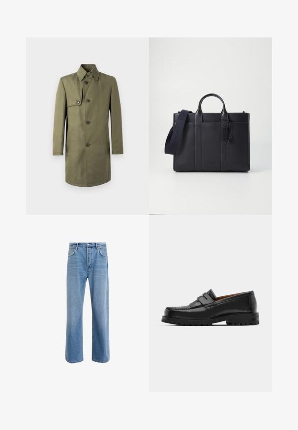 Palton verde măsliniu cu guler, nasturi cu două rânduri și buzunare laterale. Are un singur buzunar la piept și o siluetă dreaptă.; Pulover negru cu guler înalt dintr-un material tricotat neted. Dispune de mâneci lungi, un guler ajustat și manșete și tiv cu dantelă pentru o potrivire strânsă.; Jeans din denim bleu deschis cu un design drept, cinci buzunare, închidere cu buton, decolorare minimă și detalii de cusătură în contrast.; Mocasinii din piele neagră au o cusătură ridicată, două bare decorative pe partea superioară și o talpă groasă texturată pentru o aderență suplimentară.; Servietă din piele de culoare albastru închis, cu două mânere superioare și o curea detasabilă. Prezintă un finisaj texturat, cusături verticale și detalii cu logo.