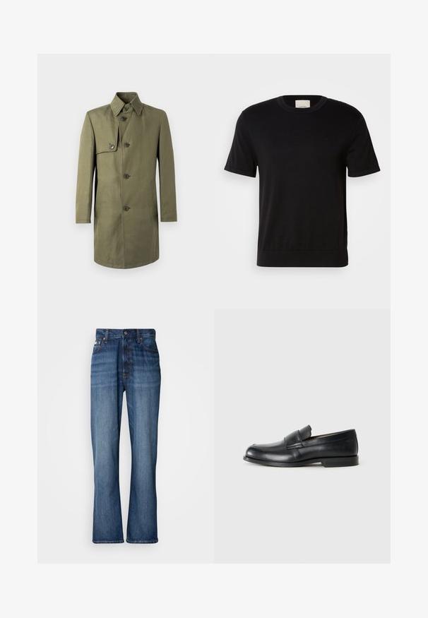 Cappotto verde oliva con collo, bottoni doppiopetto e tasche laterali. Presenta una tasca singola sul petto e una silhouette dritta.; Maglietta nera a maniche corte realizzata in cotone morbido. Caratterizzata da un collo rotondo, una texture a coste e un discreto logo sulla parte anteriore.; Jeans in denim blu con vita alta, gambe a zampa d'elefante, design a cinque tasche e cuciture tono su tono. Presentano un bottone alla vita e tasche ribattute.; Mocassini in pelle nera con punta rotonda, dettagli cuciti e suola piatta in gomma. Presentano una banda ampia sopra il collo del piede.