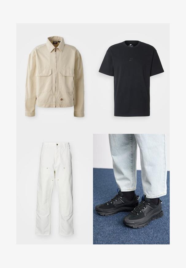 Casaco leve bege com fecho na frente, dois bolsos no peito e um pequeno logotipo na bainha. Feito de um tecido de algodão durável.; T-shirt de algodão preto da Nike com um clássico decote redondo, mangas curtas e um logótipo em relevo discreto no peito. Textura suave.; Calças cargo brancas em algodão com um corte descontraído. As características incluem bolsos frontais, detalhes em metal dourado e áreas de joelhos reforçadas.; Sapatilhas desportivas pretas com tecido texturizado e solas em borracha, apresentando atacadores elásticos e um detalhe azul no calcanhar. Usadas com calças de ganga claras.