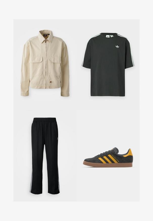 Béžova, lahka jakna z zadrgo spredaj, dvema žepoma na prsih in majhnim logotipom na robu. Narejena iz trpežnega bombažnega blaga.; Črna bombažna majica s kratkimi rokavi, okroglim vratom in belo trikratno črtasto okrasitvijo na ramenih. Na prsih majhen beli logotip.; Črne atletske hlače z elastičnim pasom, ki imajo bele stranske črte in majhen logo. Material izgleda mehak in lahek.; Črne semiš tene z rumenimi akcenti, ki vsebujejo tri trakove in rjavo gumo podplat. Vključujejo oblazinjeno jezik za udobje.