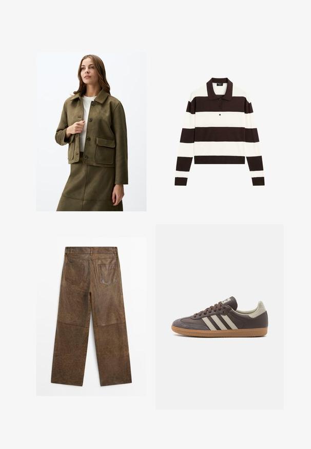 Olijfgroene, suede-achtige cropped jas met een kraag, vier knopen en twee voorkant zakken. Een gladde textuur en een getailleerde pasvorm zijn opvallende kenmerken.; Polo shirt met lange mouwen, voorzien van afwisselende donkerbruine en witte horizontale strepen, een kraag en een knoopsluiting. Gemaakt van zachte stof.; Bruine leren wijde broek met twee achterzakken en zichtbare stiksels, vanaf de achterkant weergegeven op een witte achtergrond.; Bruine leren sneaker met drie lichtgekleurde strepen, rubberen gumzool, ronde neus en gestructureerde nubuck accenten op de hiel en neus.