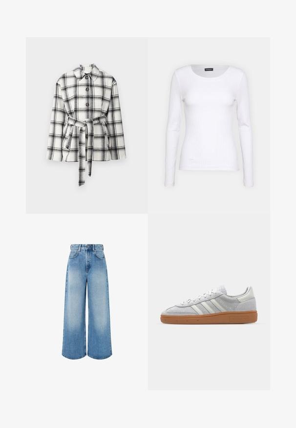 Crna i bijela karirana jakna s ovratnikom, prednjim gumbima i remenom u struku, koja se odlikuje mekim tekstilom.; Bijela rebrasta dugosveđa majica s okruglim izrezom. Izrađena od rastezljivog materijala koji se prilagođava tijelu. Sadrži suptilne horizontalne linije.; Svijetloplavi široki traperice izrađene od denima, s visokim strukom, zatvaranjem na dugme i suptilnim izbljeđivanjem te čistim rubovima.; Svijetlosivi nubuk tenisice s bijelim kožnim detaljima, tri bijele pruge i smeđa gumena potplat, s podstavljenim ovratnikom radi udobnosti.