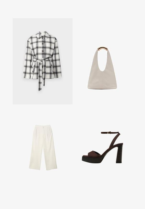 Schwarz-weiße Karojacke mit Kragen, vorderer Knopfleiste und tailliertem Gürtel, aus einem weichen Stoff gefertigt.; Weißes Langarm-T-Shirt aus geripptem Stoff mit Rundhalsausschnitt und geradem Saum. Schlichtes, einfarbiges Design.; Helle Stoffhose mit weitem Bein und glatter Textur, ausgestattet mit einem einzelnen Knopf vorne, dezenten Falten und einem Hochbund-Design.; Braune Wildleder-Pumps mit offenem Zeh, verstellbarem Knöchelriemen und gestreiftem Plateausohlen.; Hellgraue Lederhandtasche mit einem U-förmigen Design und einem geschwungenen, metallischen Griff. Glatte Textur mit minimalen Nähten und ohne sichtbare Muster.