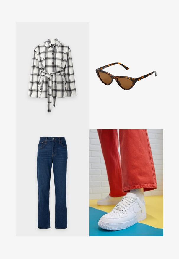 Čierno-biely károvaný saká s golierom, prednými gombíkmi a opaskom v páse, s jemnou textúrou látky.; Gina Tricot Top s dlhým rukávom - turtledove; Tmavomodré džínsy s rovnými nohavicami, päť vrecový dizajn, oranžové prešitie a gombík na zapínanie v páse.; Biele kožené tenisky s perforovanou špičkou, textúrovanou podrážkou a bielymi šnúrkami, spárované so širokými červenými nohavicami na modrom a žltom pozadí.; Mačacie slnečné okuliare s čiernym a oranžovým želvovinovým rámom, hnedými sklami a elegantnými, špicatými koncami. Obsahujú minimalistické logo na spánku.