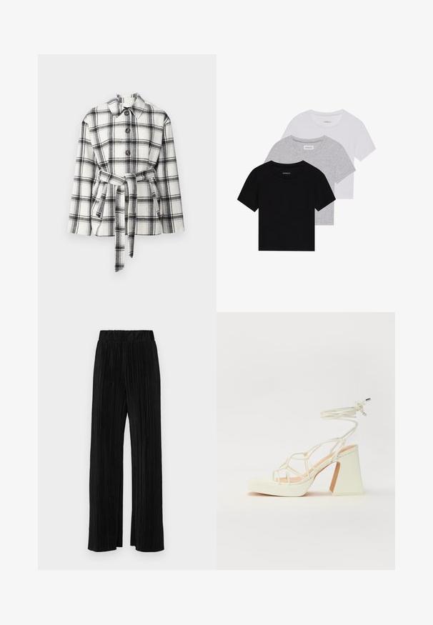 Sort-hvid rutet jakke med krave, frontknapper og bælte i taljen, der har en blød stofstruktur.; Sæt af tre kortærmede t-shirts i sort, grå og hvid. Fremstillet af bomuld, har en rund hals og et enkelt, ensfarvet design.; Sorte plisserede bukser med elastisk talje. Har brede ben og et glat, tekstureret stof med lodrette striber.; Hvide højhælede sandaler med en kraftig hæl, der har et stropdesign og ankelbinding. Glat tekstur med en platform foran for ekstra højde.