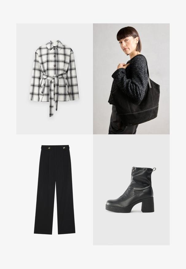 Sort-hvid rutet jakke med krave, frontknapper og bælte i taljen, der har en blød stofstruktur.; Brun langærmet ribbet top med rund halsudskæring. Fremstillet af et glat, strækbart materiale, med en tætsiddende silhuet og minimalistiske detaljer.; Sorte vide bukser med høj talje, knapdetaljer på taljebåndet og frontfald.; Sorte ankelstøvler lavet af glat læder, med en sidelukning, kraftig struktureret hæl og rundt tådesign.; Sort ruskinds tote taske med en glat tekstur, struktureret form og kontrasterende syninger. Har lange stropper til skulderbæring.