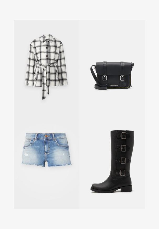 Melna un balta pārbaudīta žakete ar apkakli, priekšējo pogu aizdari un jostu viduklī, ar mīkstu auduma tekstūru.; Melnas bez piedurknēm tvertnes blūze ar kvadrātveida izgriezumu, izgatavota no gludas auduma; pieguļošs dizains bez rakstiem vai papildinājumiem.; Gaiši zili džinsu šorti ar nolietotu apdari, saplēstu apakšmalu, piecu kabatu dizainu un vienu pogu aizdari priekšpusē.; Melnas augstas zābaki, izgatavoti no gludas sintētiskas materiāla. Satur četras dekoratīvas siksnas ar taisnstūra metāla sprādzēm. Bloka papēža dizains.; Melna ādas crossbody soma ar vāciņu, divām sudraba sprādzēm, dzeltena diega šuvēm un regulējamu siksnu. Iespējas ar gludu faktūru un kompakto dizainu.