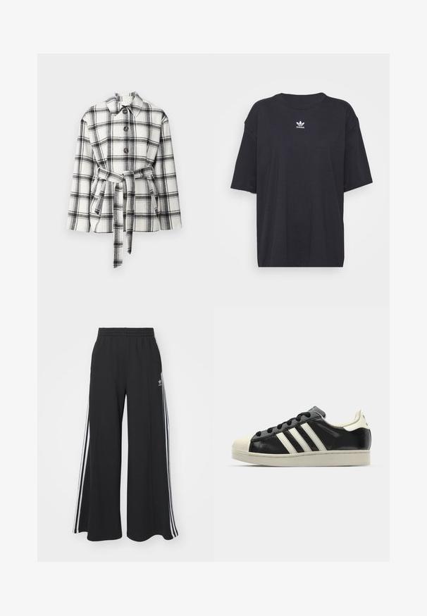 Fekete-fehér kockás dzseki galléros nyakkal, elülső gombokkal és övvel a deréknál, puha textúrával.; Fekete pamut póló rövid ujjakkal, kerek nyakkivágással, mellkason fehér Adidas logóval. Egyszerű dizájn, laza fazon.; Fekete, bő szárú melegítőnadrág, rugalmas derékkal, fehér oldalsávokkal és hímzett logóval a bal combon.; Fekete bőrsneaker fehér csíkokkal, gumírozott orral, fekete fűzővel és krém színű talppal. Simaság és fényes felület jellemzi.