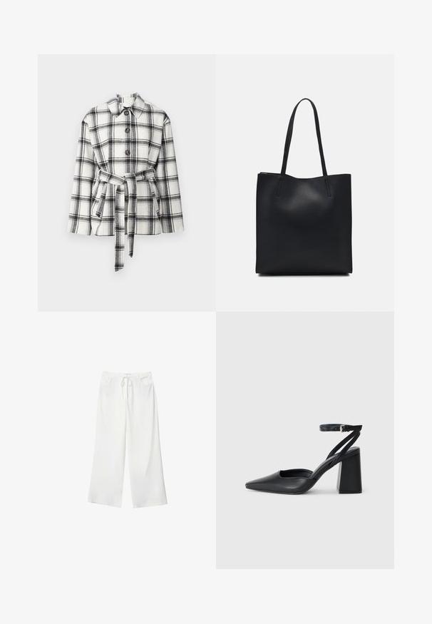 Sort-hvid rutet jakke med krave, frontknapper og bælte i taljen, der har en blød stofstruktur.; Sort tank top lavet af bomuld, med rund halsudskæring og brede armhuller. Glat tekstur med syede kanter. Klassisk, minimalistisk design.; Hvide bukser med vidde lavet af blødt stof, med bindebånd i taljen og to forlommer. Glat tekstur og uden synlige mønstre.; Sort læder spidse pumps med ankelrem og en chunky hæl. Flad tekstur, slankt design og minimalistisk æstetik.; Sort læder tote taske med glat tekstur, rektangulær form og to lange hanke. Ingen synlig hardware eller udsmykninger.