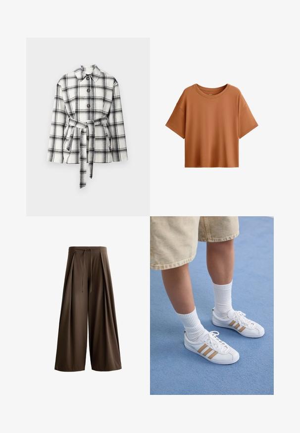 Black and white plaid jacket with a collared neck, front buttons, and a belted waist, featuring a soft fabric texture.; Short-sleeve, boxy t-shirt in a rust color. Made of smooth fabric with a wide neckline and relaxed fit, featuring a clean hem.; Brown wide-leg trousers made of a textured fabric, featuring a drawstring waistband and front pleats.; White sneakers with three gold stripes, lace-up design, rubber sole, worn with ribbed white socks and beige shorts on a blue surface.
