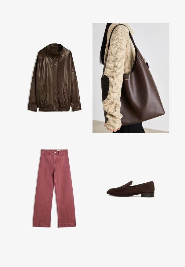 Brązowa skórzana kurtka z wysokim kołnierzem, kieszeniami bocznymi i elastycznym dołem. Gładka tekstura z lekko błyszczącym wykończeniem.; Biała bawełniana koszulka z krótkimi rękawami i okrągłym dekoltem. Posiada różową metkę na wewnętrznej stronie dekoltu. Gładka tekstura.; Spodnie typu wide-leg w stonowanym odcieniu różu. Wykonane z wytrzymałego materiału, z dwiema tylnymi kieszeniami, zapięciem na guzik i szlufkami na pasek.; Brązowy but wsuwany o gładkiej fakturze, wydłużonym kształcie, niskim słupkowym obcasie i minimalistycznym designie. Bez widocznych wzorów czy ozdób.; Brązowa skórzana torba typu tote o pojemnym designie. Charakteryzuje się gładką fakturą i subtelnym złotym logo. Połączona z kremowym swetrem z dzianiny.