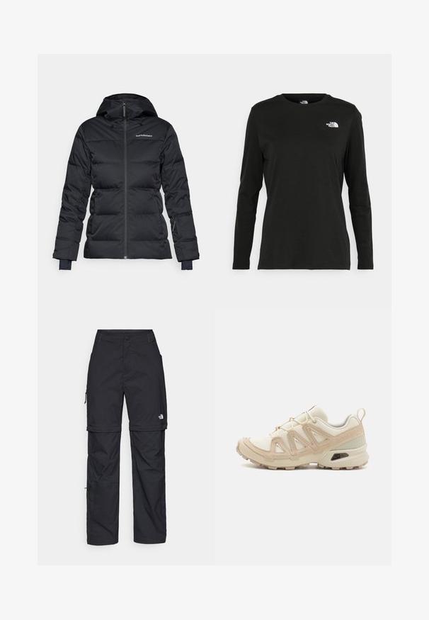 Veste rembourrée noire avec capuche, dotée d'une fermeture éclair frontale et de poignets élastiques. Fabriquée en tissu durable avec une texture lisse.; T-shirt noir à manches longues en coton avec un col rond. Présente un petit logo blanc sur la partie gauche de la poitrine. Design et coupe simples.; Pantalons cargo en nylon noir, à zip amovible, avec chevilles ajustables, plusieurs poches et un logo sur la jambe droite. Texture lisse et légère.; Baskets de sport beiges et crème avec une tige en mesh texturé, des superpositions de soutien et une semelle en caoutchouc dotée d'un motif de crampons pour une traction.