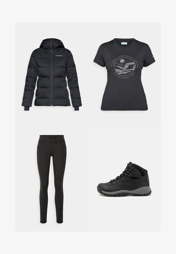 Giacca imbottita nera con cappuccio, dotata di zip anteriore e polsini elasticizzati. Realizzata in un tessuto resistente con una texture liscia.; Maglietta nera Columbia con arte lineare bianca di una montagna circolare e un fiume, e il testo "Columbia Sportswear Company Outside Since 1938."; Leggings neri con vita alta, cordino, texture liscia e design aderente. Presentano dettagli di cucitura lungo i lati.; Stivale da trekking nero con design a metà altezza, dotato di una tomaia texturizzata, accenti grigi e suola in gomma resistente con tasselli per la trazione.