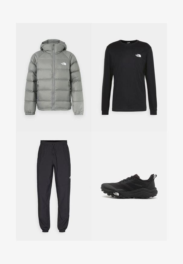 Szürke puffdzseki kapucnival, cipzárral és bordázott mandzsettákkal. Az anyag sima textúrájú, enyhe fénylással. Logó a mellrészén.; Fekete, hosszú ujjú pamut póló, bal mellrészen fehér logóval és bordázott mandzsettákkal. Sima textúrájú, kerek nyakkivágással.; Fekete sportnadrág, könnyű anyagból készült, húzózsinóros derékkal, oldalsó zsebekkel és szűkített szárakkal a bokáknál.; Fekete terepfutó cipő, textúrált felső résszel, gumitalppal és megerősített lábujjrészével. Párnázott bokarésszel és húzófüllel rendelkezik a könnyű felhúzáshoz.