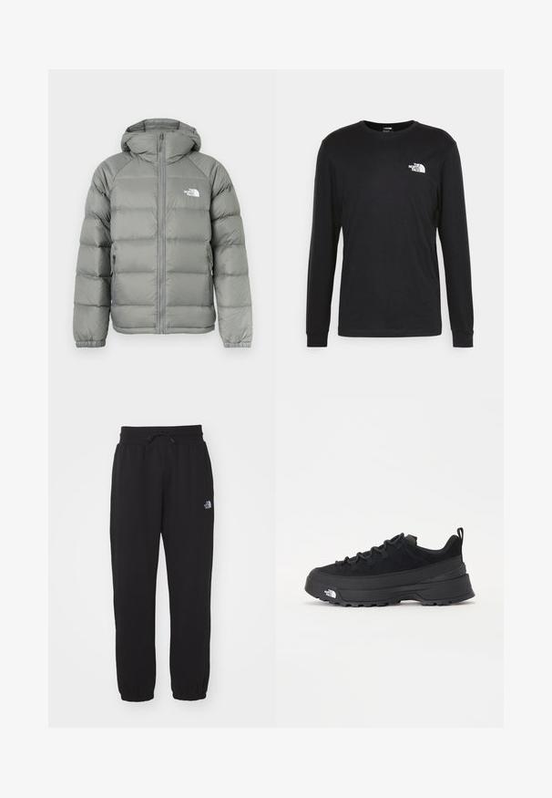 Casaco puffer cinza com capuz, apresentando fecho de correr e punhos canelados. O material tem uma textura suave com um brilho subtil. Logo no peito.; Camisola de manga longa preta feita de algodão, com um logo branco no lado esquerdo do peito e punhos canelados. Textura suave com decote redondo.; Calças de moletom pretas feitas de tecido macio, com um cós elástico com cordão, tornozelos com punho e um pequeno logótipo na parte superior da coxa.; Sapatilha de exterior preta com parte superior em camurça, sola de borracha texturizada e sistema de atacadores robusto. Apresenta um calcanhar reforçado e o logótipo da marca na lateral.