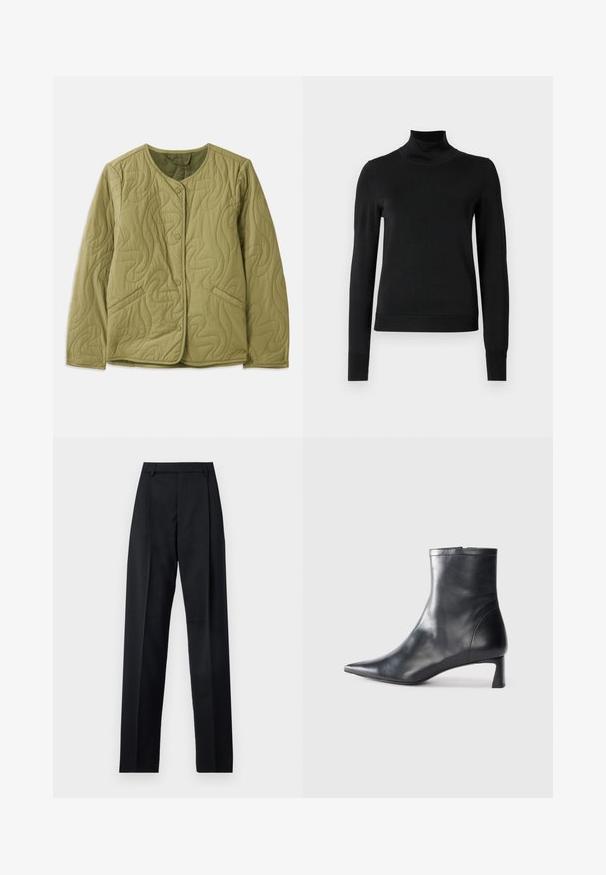 Casaco acolchoado verde-olive com decote arredondado, botões frontais, dois bolsos laterais e padrão de costura ondulada. Textura de tecido macio.; Sweater preto de manga longa com gola alta, com punhos e bainha canelados, exposto em um fundo branco liso.; Calças pretas feitas de um tecido suave, com uma cintura alta, pernas largas, pregas frontais e passadores de cinto clássicos. Não há bolsos laterais visíveis.; Bota de tornozelo em pele preta com biqueira apontada e um design elegante. Apresenta um salto baixo e um fecho com zipper na parte de trás. Textura suave.