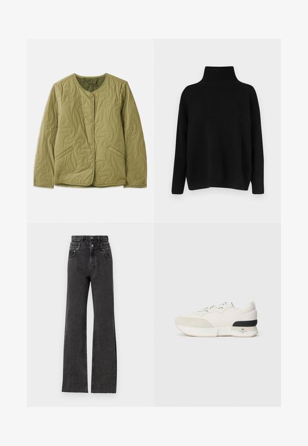 Pamušaluotas alyvuogių žalias švarkas su apvaliu iškirpimu, priekiniais mygtukais, dviem šoninėmis kišenėmis ir bangų formos siuvinėjimo raštu. Minkšta audinio tekstūra.; Juodas megztinis megztas, su aukštu ribuotu apykakliu, nuleistais pečiais ir laisvo silueto. Turi ribotas rankogalius ir apačią, suteikiančias tekstūros.; Juodos aukštos liemens džinsai pasižymi tiesiogine kojų forma, subtiliomis nudilimo detalėmis ir metaliniu mygtuku liemens srityje.; Balti sportiniai bateliai su tekstūruotu zomšiniu priekiu, sklandžiu tinkliniu viršumi, dekoratyviomis raištelėmis ir juodu guminiu kulno akcentu.