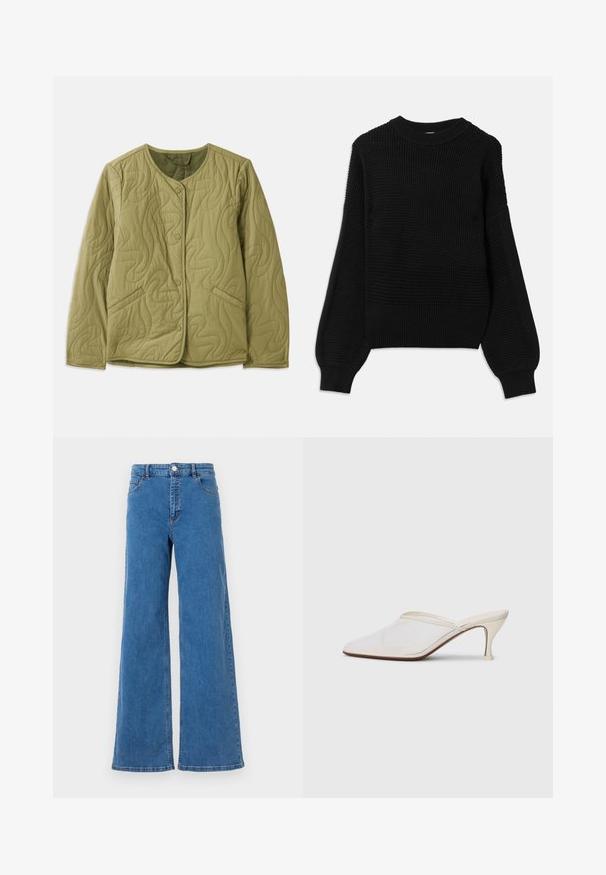 Prešívaná olivovo zelená bunda s okrúhlym výstrihom, prednými gombíkmi, dvoma bočnými vreckami a vlnitým prešívaným vzorom. Mäkka textúra látky.; Čierny sveter s textúrovaným pleteným dizajnom, rebrovaným kulatým výstrihom a oversized balónovými rukávmi s hladkým povrchom.; Široké modré džíny s vysokým pásom, prednými vreckami a zapínaním na gombík. Tkanina má hladkú textúru a klasický vzor šitia.; Biele sieťované lodičky s špicatou špičkou, s úzkym stredne vysokým podpätkom a bez zapínania, na jednobodovom pozadí.