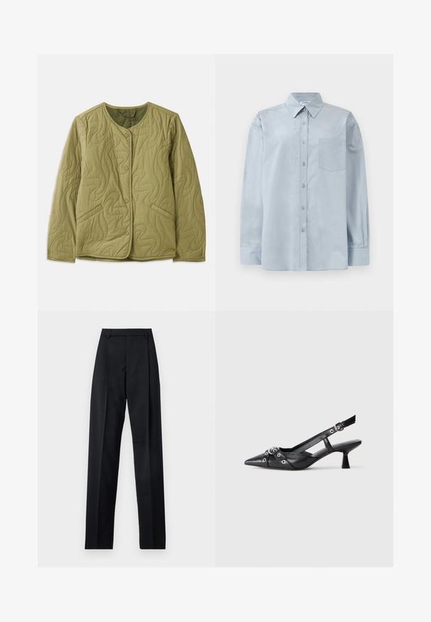 Quiltana maslinasto zelena jakna s okruglim izrezom, prednjim gumbima, dva bočna džepa i valovitim šavovima. Meka tekstura tkanine.; Svijetloplava košulja dugih rukava s gumbima, s oštrim kragnom i džepom na prsima, položena ravno na bijeloj pozadini.; Crne hlače od glatkog materijala s visokim strukom, širokim nogavicama, prednjim pregibima i klasičnim petljama za remen. Nema vidljivih bočnih džepova.; Crne kožne cipele s remenom oko pete, s izduženim vrhom, dekorativnim trakama s metalnim rupama i niskom blok petom. Teksturirana površina.