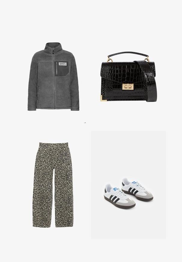 Giacca in pile grigio scuro con zip frontale completa, colletto alto, tasche laterali e tasca sul petto con zip e etichetta in tessuto.; Tessuto di cotone nero con una texture liscia e scollatura rotonda, caratterizzato da un motivo a grana sottile e uniforme. Nessun logo o accento visibile.; Pantaloni a gamba larga con stampa leopardata in una combinazione di colori beige e nera neutra. Presentano un'alta vita, cinque tasche e chiusura con bottone.; Scarpe sportive con tomaia in pelle bianca, punta in suede grigia e tre strisce nere. Presentano un logo blu sulla linguetta e una suola in gomma testurizzata.; Borsa a tracolla nera in pelle verniciata con texture a coccodrillo, hardware dorato, manico superiore e una tracolla removibile. Forma rettangolare con chiusura a patta.