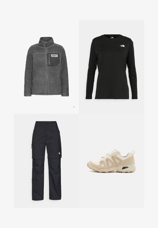 Dunkelgraue Fleecejacke mit durchgehendem Reißverschluss, hohem Kragen, Seitentaschen und einer Brusttasche mit Reißverschluss sowie einemstofflabel.; Schwarzes Langarm-T-Shirt aus Baumwolle mit Rundhalsausschnitt. Verfügt über ein kleines weißes Logo auf der linken Brustseite. Einfaches Design und Passform.; Schwarze Nylon-Zip-Off-Cargohosen mit verstellbaren Bündchen, mehreren Taschen und einem Logo am rechten Bein. Glatte, leichte Textur.; Beige und cremefarbenen Sportschuh mit strukturiertem Mesh-Obermaterial, unterstützenden Überzügen und Gummisohle mit einem Profilmuster für Bodenhaftung.