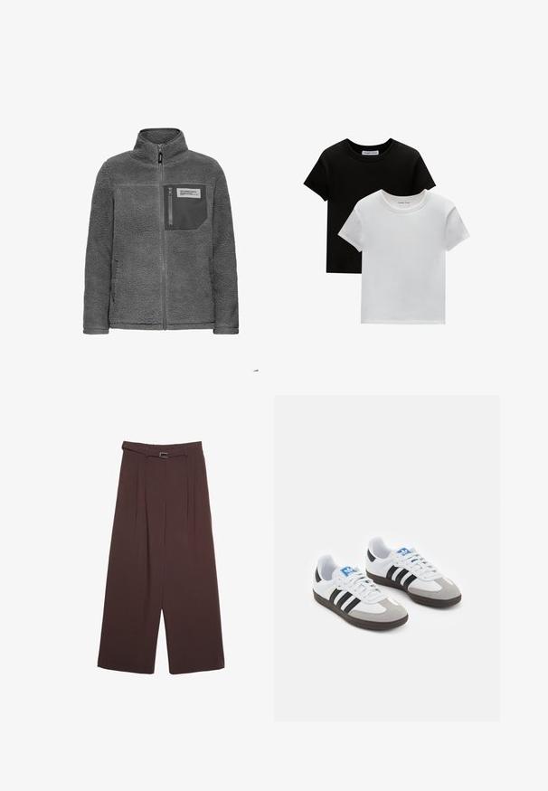 Tummanharmaa fleece-takki, jossa on täyspitkä vetskari, korkea kaulus, sivutaskut ja vetoketjullinen rintatasku, jossa on kangasmerkki.; Kaksi crew-neck t-paitaa mustana ja valkoisena, valmistettu puuvillasta. Ne sisältävät lyhyet hihat ja yksivärisen muotoilun ilman kuvioita tai korostuksia.; Stradivarius WIDE-LEG WITH BUCKLE DETAIL - Housut - dark brown; Urheilukengät, joissa on valkoinen nahkainen päällinen, harmaa mokkanokka ja kolme mustaa raitaa. Ominaisuuksina sininen logo kielekkeessä ja kuvioitu kumipohja.