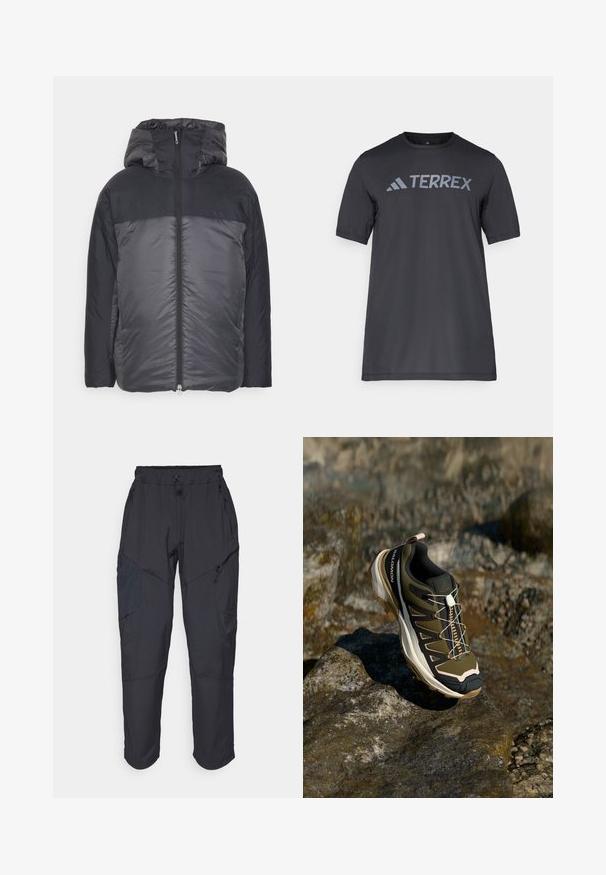 Puffer jacket featuring a hood, black upper section, and a darker gray lower section. Smooth, lightweight material with front zipper closure.; Black short-sleeve t-shirt made of lightweight fabric, featuring a light gray “TERREX” logo across the chest and a crew neckline.; Black cargo pants made from a lightweight, water-resistant material; features elastic waistband, multiple zippered pockets, and tapered legs.; Hiking shoe in olive green and black with pink accents. Features a textured upper, flexible sole, reinforced toe cap, and colorful lacing system.