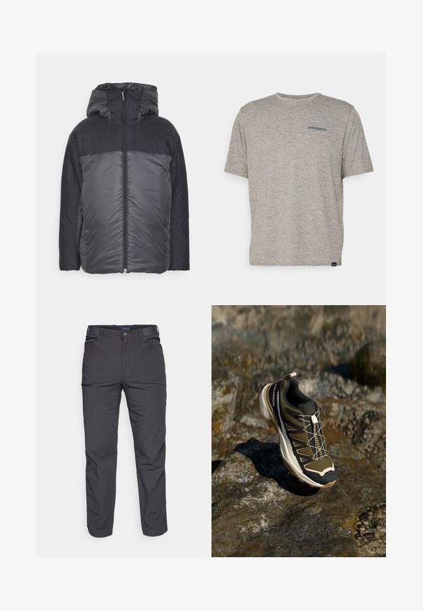 Daunenjacke mit Kapuze, schwarzem Oberteil und dunklerem grauem Unterteil. Glattes, leichtes Material mit Frontreißverschluss.; Graues T-Shirt mit kurzen Ärmeln, aus weichem, strukturiertem Stoff, mit einem kleinen blauen Patagonia-Logo auf der linken Brust. Keine zusätzlichen Muster.; Dunkelgraue Hose aus strapazierfähigem Material, mit einer Reißverschlusstasche, geradem Schnitt und Gürtelschlaufen für eine verstellbare Passform.; Wanderschuh in Olivgrün und Schwarz mit pinken Akzenten. Verfügt über ein strukturiertes Obermaterial, eine flexible Sohle, eine verstärkte Zehenkappe und ein farbenfrohes Schnürsystem.