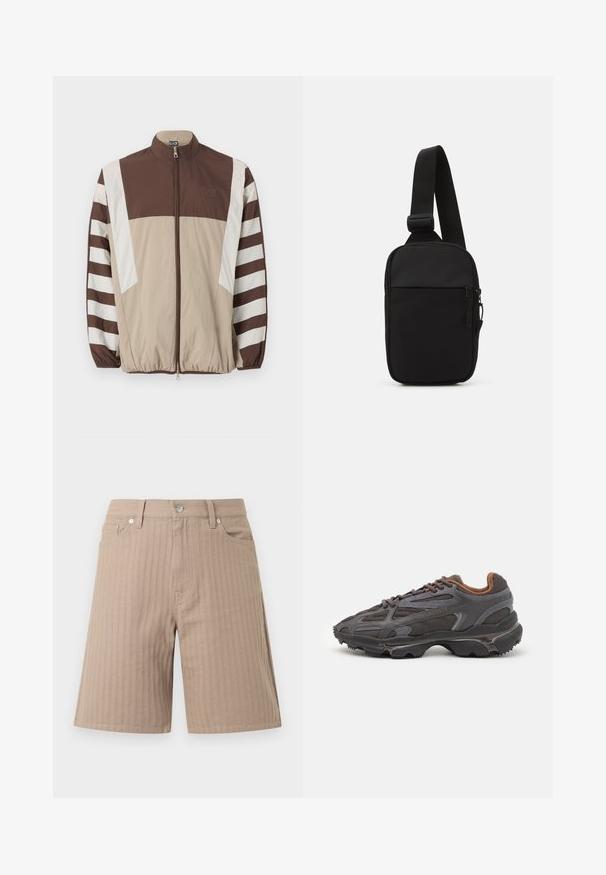 Brun og beige vindjakke med hvite striper, høy krage, glidelås, elastiske mansjetter og en logo på venstre bryst.; Grønn t-skjorte laget av bomull med et teksturert geometrisk mønster. Har ribbestrikket rund hals og en liten logo på brystet.; Beige shorts laget av teksturert stoff med vertikale striper, en linning med knapp foran og sidelommer.; Lacoste-sneakers i mørkegrått med mesh- og syntetisk materiale, med en teksturert såle og brune detaljer på kragen og merket.; Svart skulderveske laget av slitesterkt stoff, med en justerbar stropp, en glidelåslukking på hovedrommet og en frontlomme.